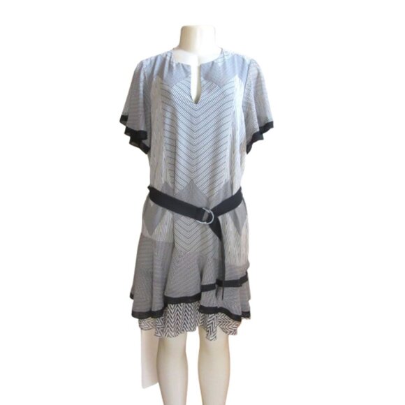 Reiss Hannah Zig Zag Print Tiered Dress, Black/Neutral in size 6 - Picture 4 of 9